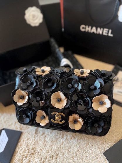 Premium Camellia Flap Bag - Black