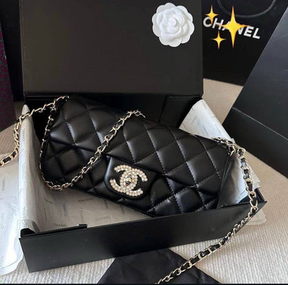 Premium Pearl Quilted Flap Bag - Black