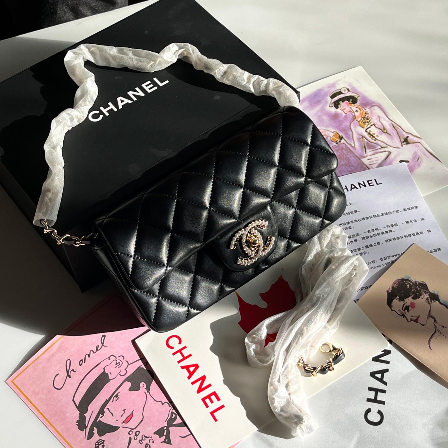 Premium Pearl Quilted Flap Bag - Black