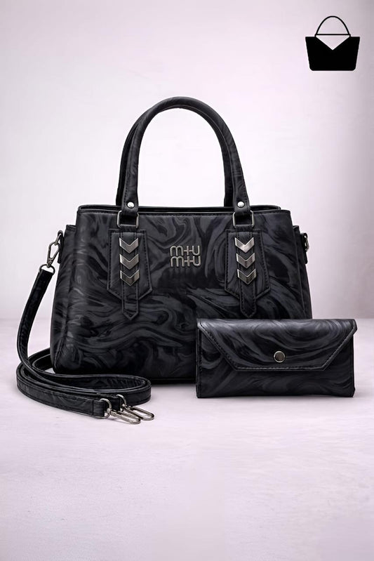 Marble Texture Handbag Set - Black