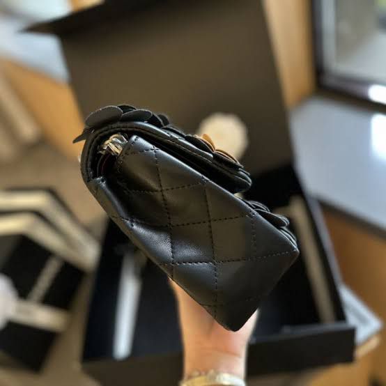 Premium Camellia Flap Bag - Black