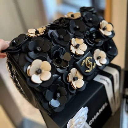 Premium Camellia Flap Bag - Black