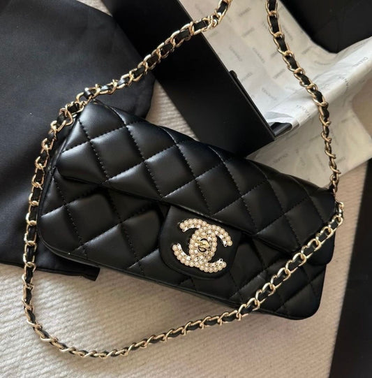 Premium Pearl Quilted Flap Bag - Black