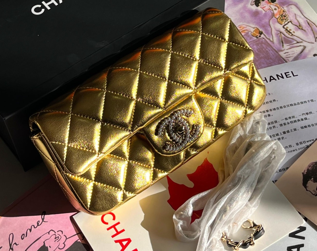 Gold Pearl Flap Bag - Golden